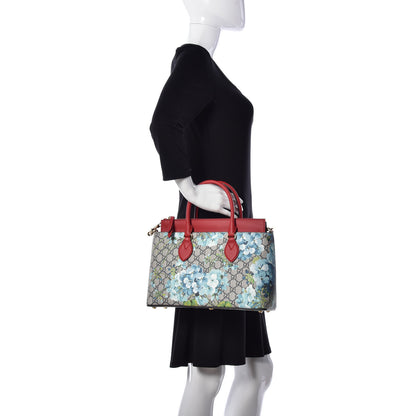 Gucci GG Supreme Monogram Blooms Medium Zip Top Tote Beige Blue Navy Hibiscus Red 3 of 11