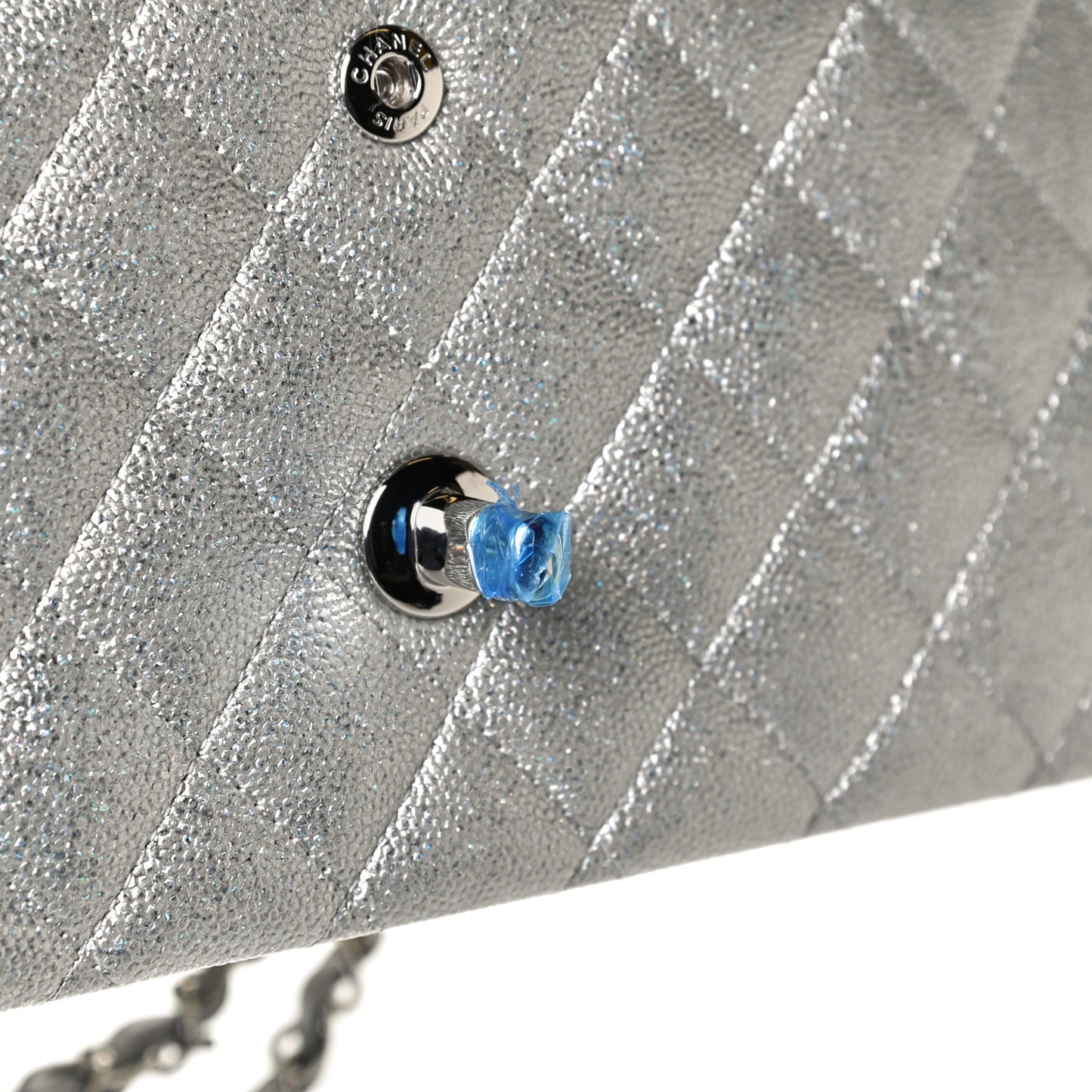 Glittered Metallic Caviar Quilted Medium Double Flap Silver