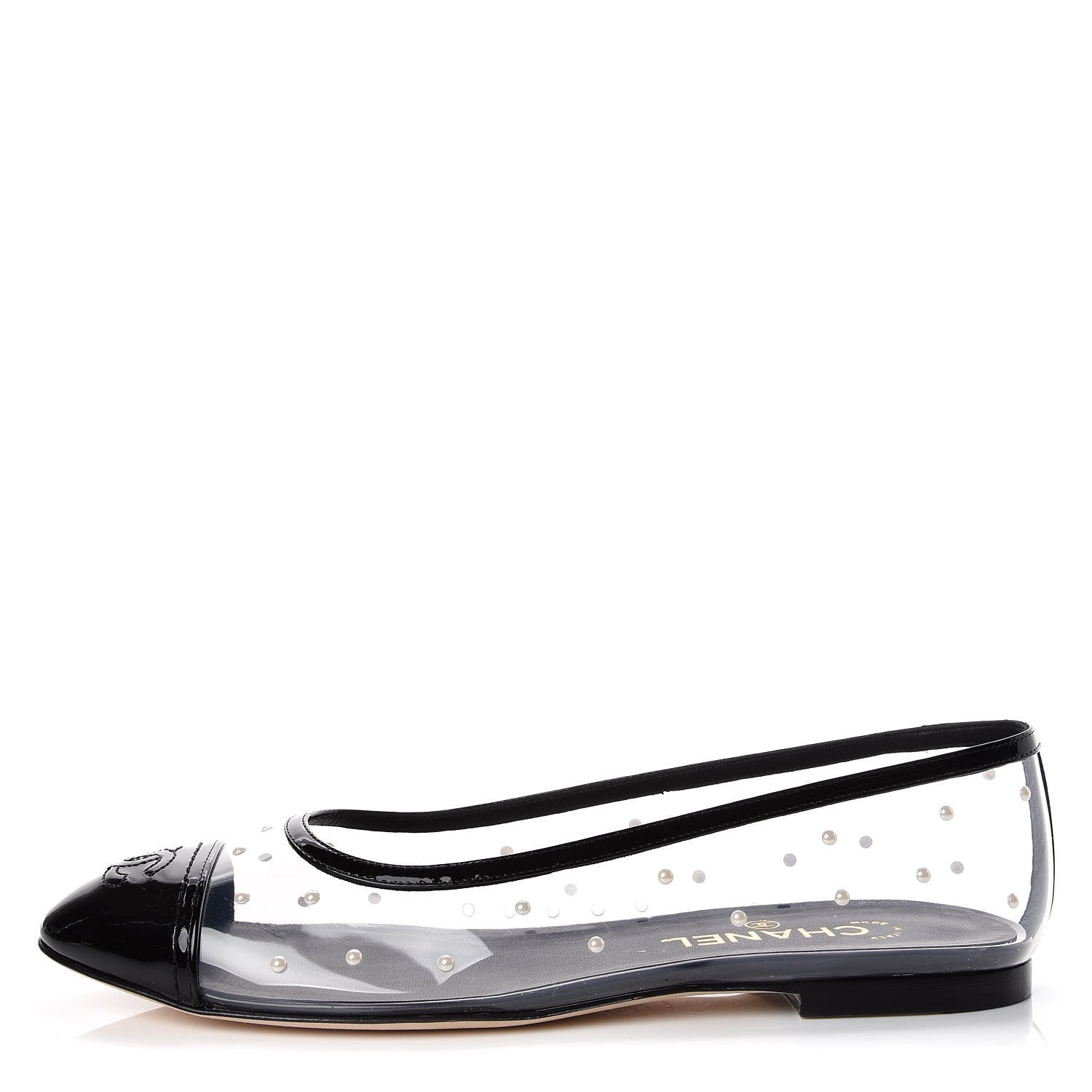 Chanel PVC Patent Calfskin Pearl Cap Toe Ballerina Flats 40 Transparent Black 1 of 7