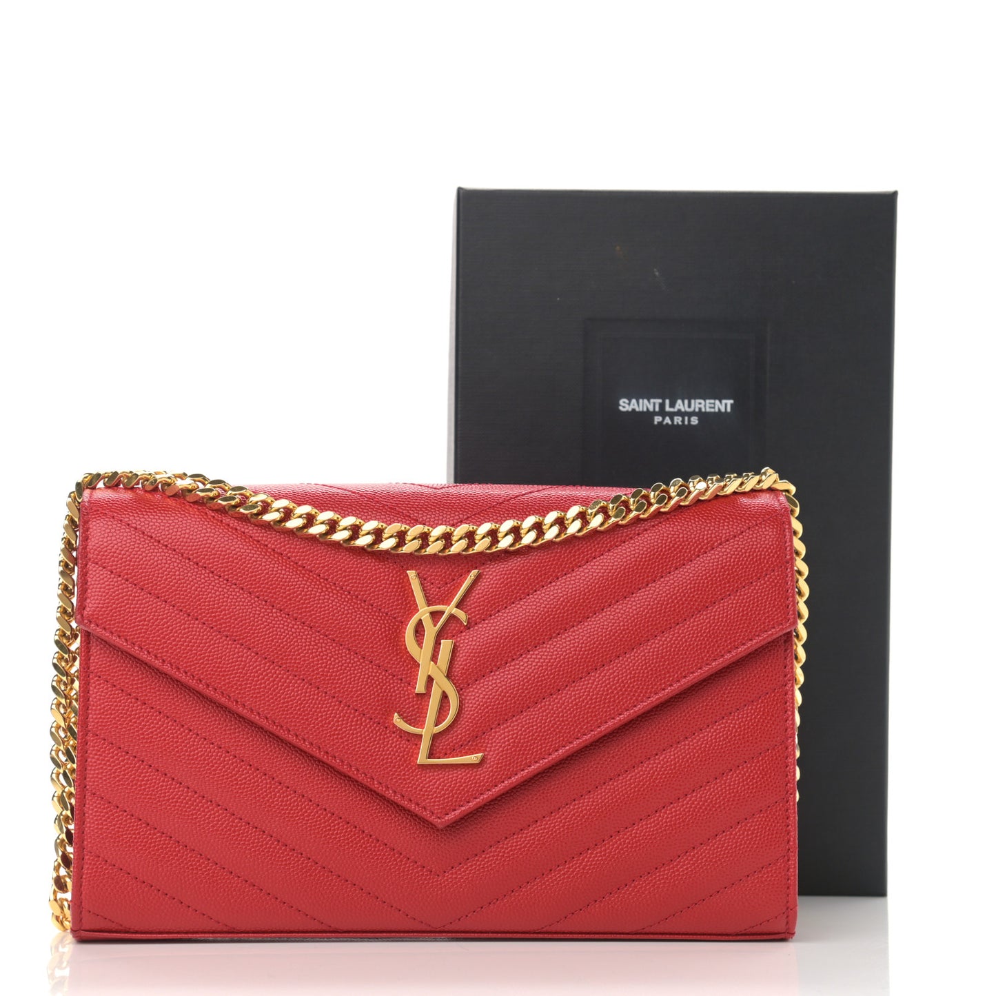 Grain De Poudre Matelasse Chevron Monogram Chain Wallet Red