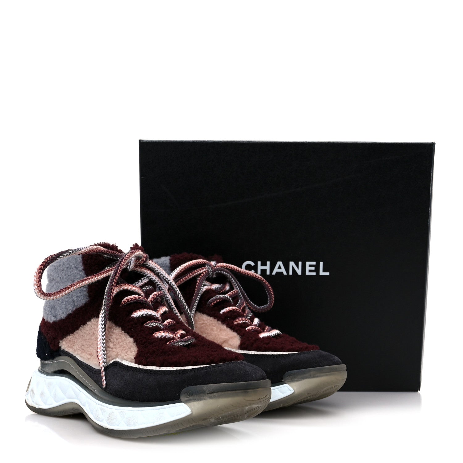 Chanel Shearling Suede CC High Top Sneakers 39 Grey Pink Burgundy 10 of 10
