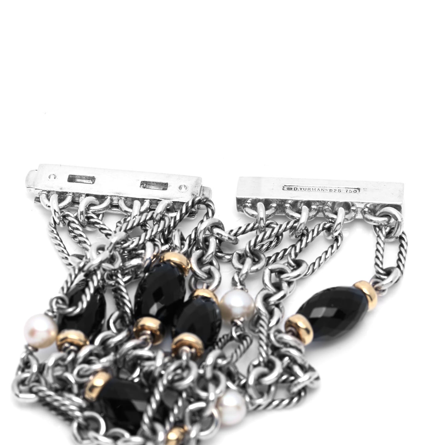 Sterling Silver 18K Yellow Gold Black Onyx Pearl Multi Strand Figaro Bracelet