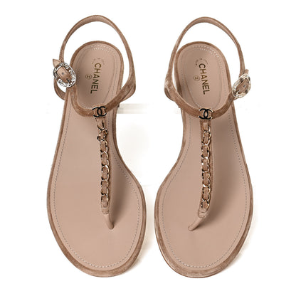 Chanel Suede Calfskin Chain Thong Sandals 41 Beige 5 of 10