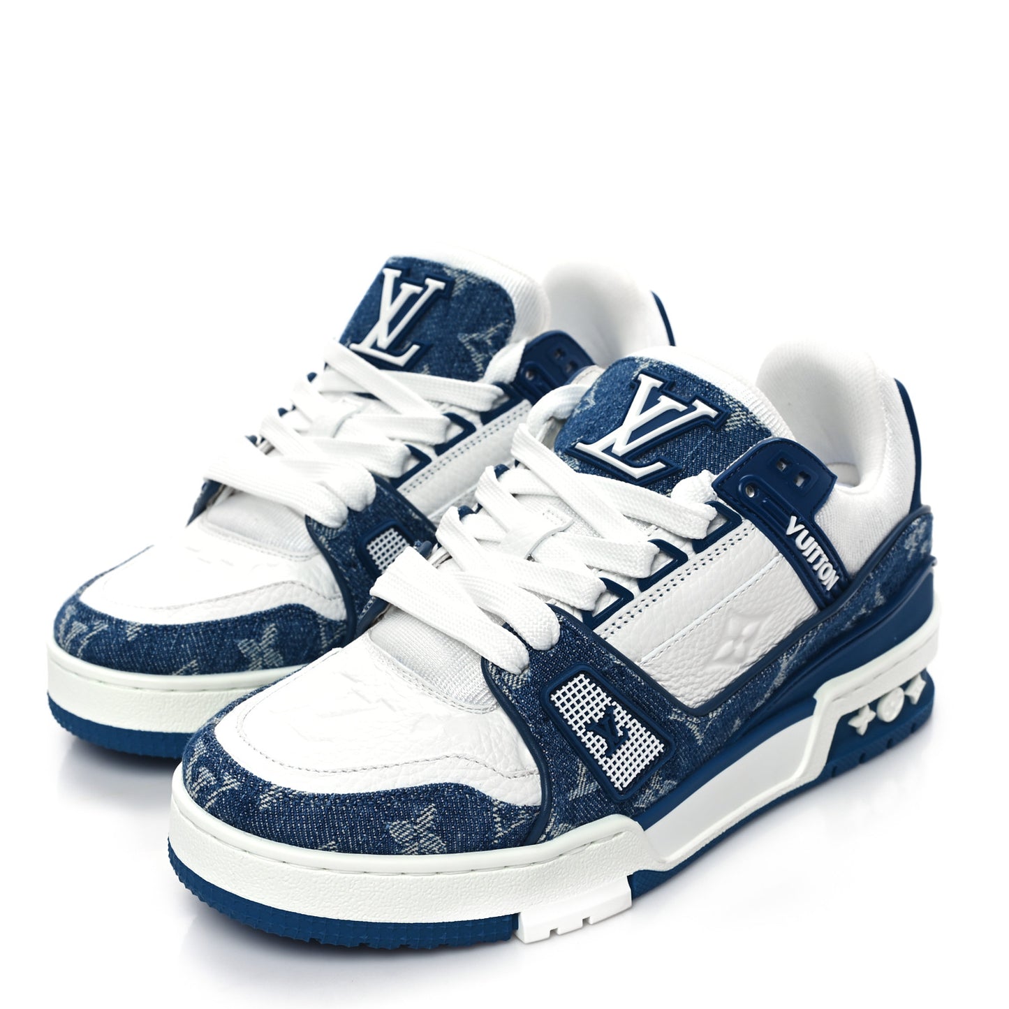 Calfskin Embossed Monogram Denim Womens LV Trainer Sneakers 36 Blue