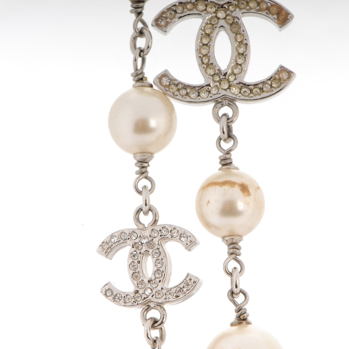 Crystal Pearl CC Long Necklace Silver