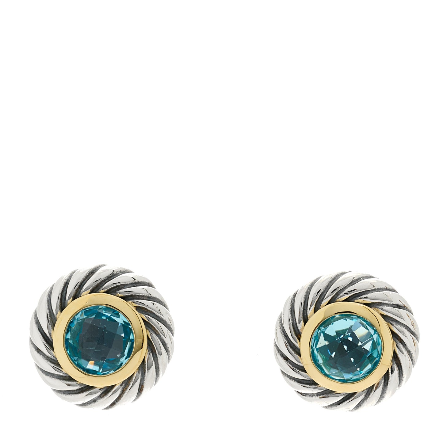 Sterling Silver 18K Yellow Gold Blue Topaz Cookie Cable Earrings