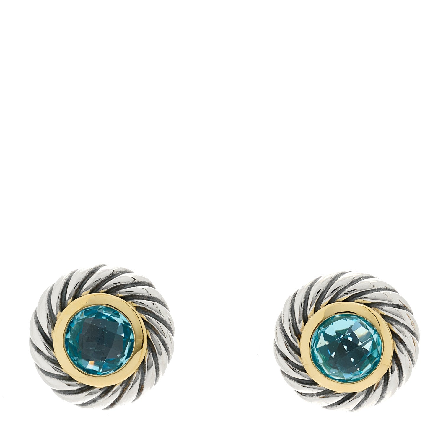 David Yurman Sterling Silver 18K Yellow Gold Blue Topaz Cookie Cable Earrings 1 of 5