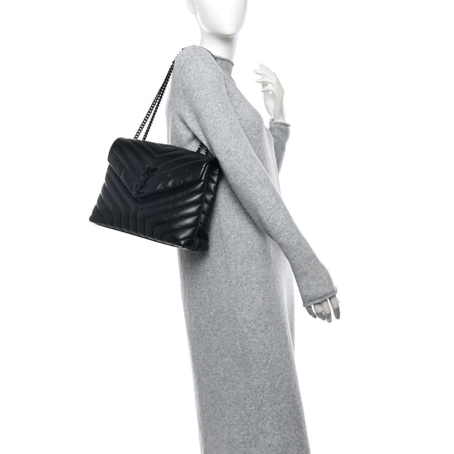 Calfskin Y Quilted Monogram Monochrome Medium Loulou Chain Satchel Black