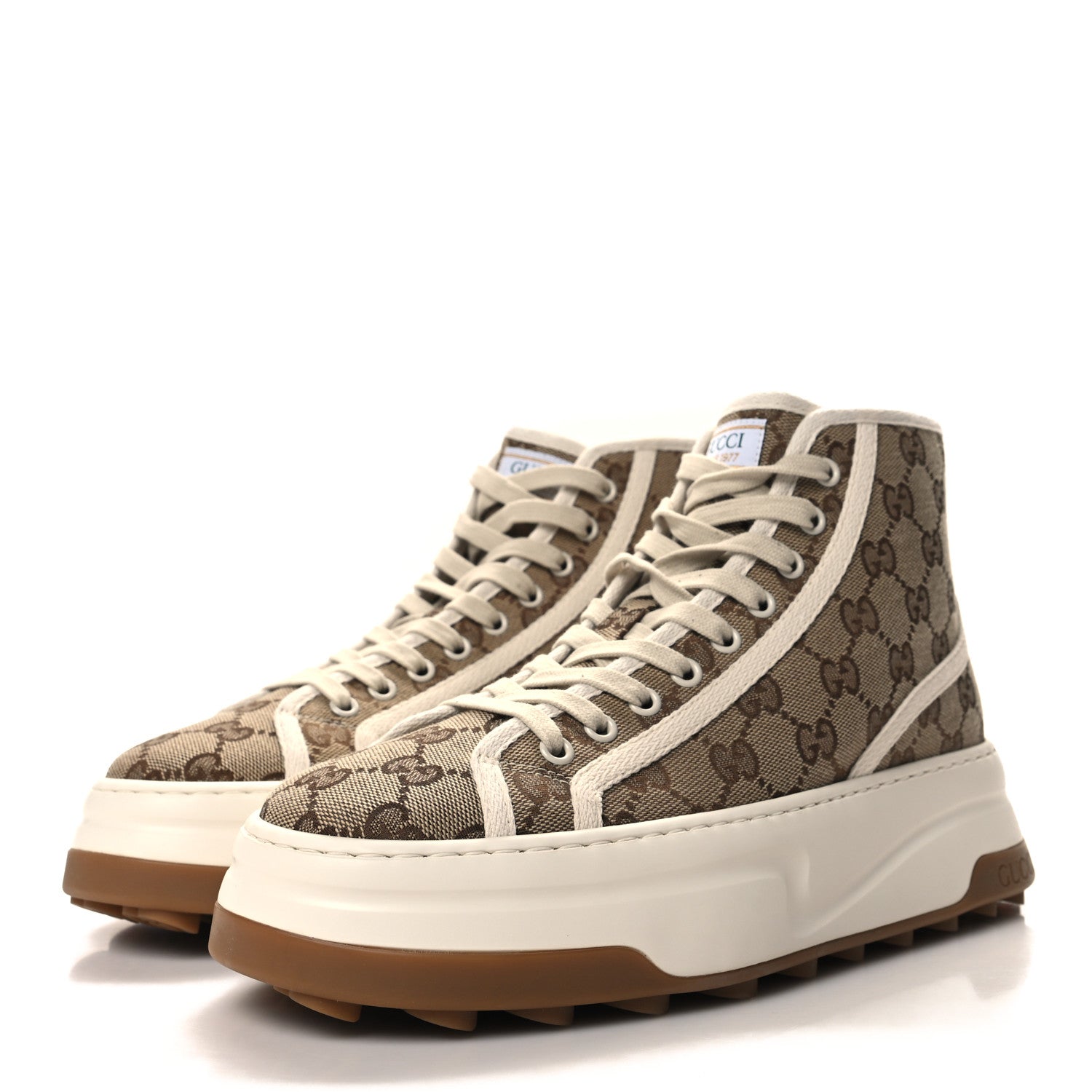 Gucci GG Monogram Mens 1977 Tennis High Top Platform 55mm Sneakers 6 Beige Ebony Mystic White 3 of 7