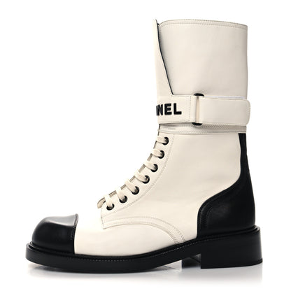 Chanel Calfskin Lace Up Logo Mid Calf Combat Boots 39 39 White 1 of 7