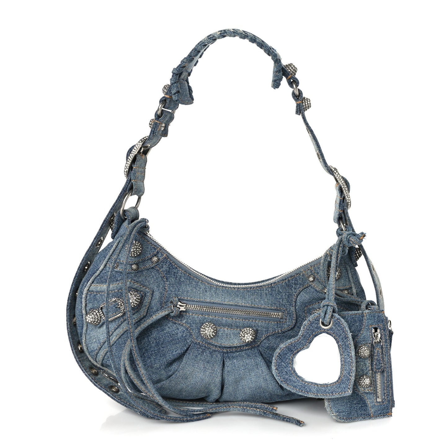 Washed Frayed Denim Crystal Small Le Cagole Shoulder Bag Blue