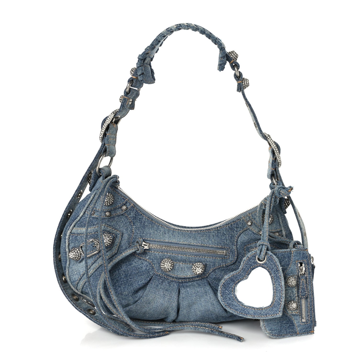 Balenciaga Washed Frayed Denim Crystal Small Le Cagole Shoulder Bag Blue 1 of 9