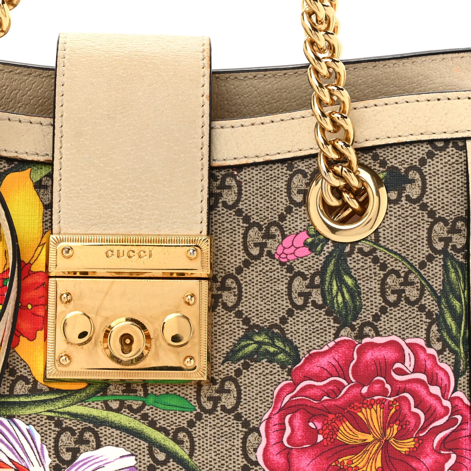 Gucci GG Supreme Monogram Flora Textured Calfskin Small Padlock Tote Beige Ebony Multicolor Mystic White 8 of 21
