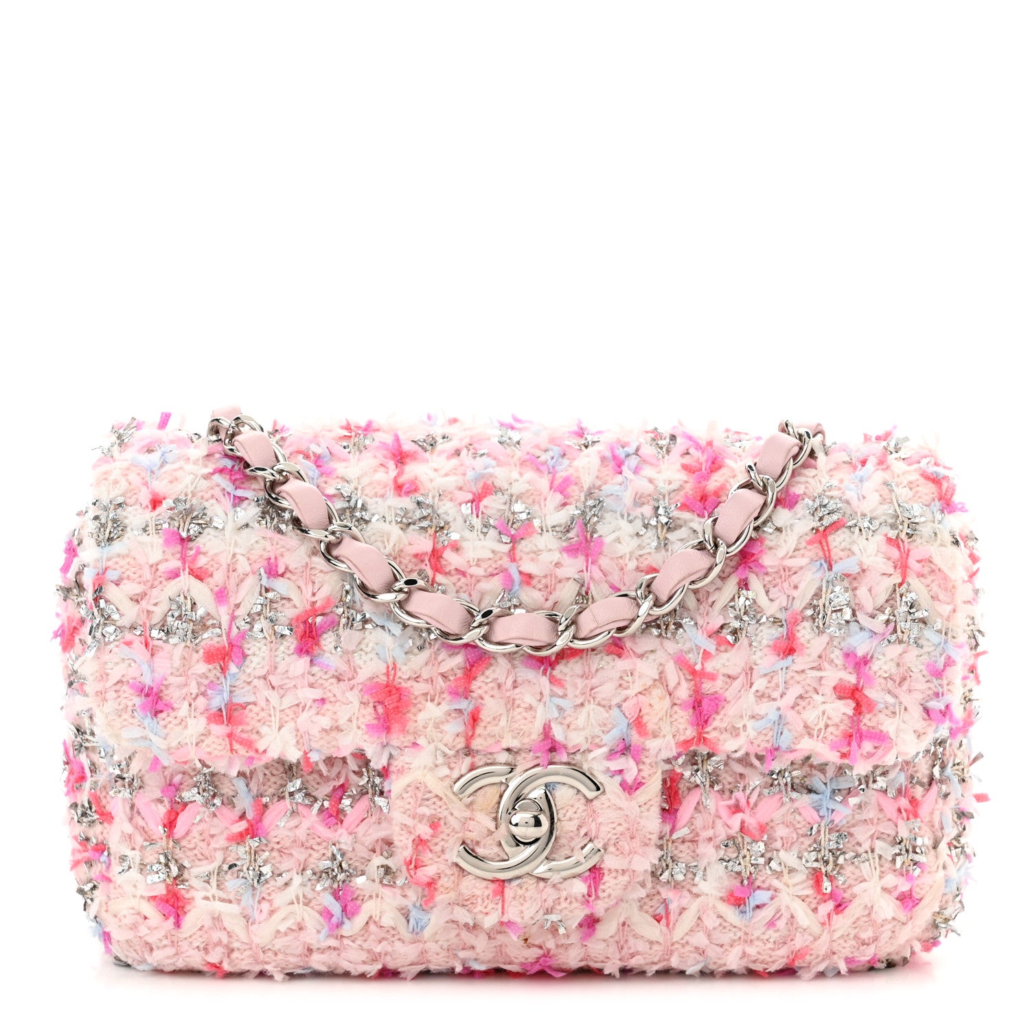 Chanel Tweed Quilted Mini Rectangular Flap Light Pink Silver Blue 1 of 11