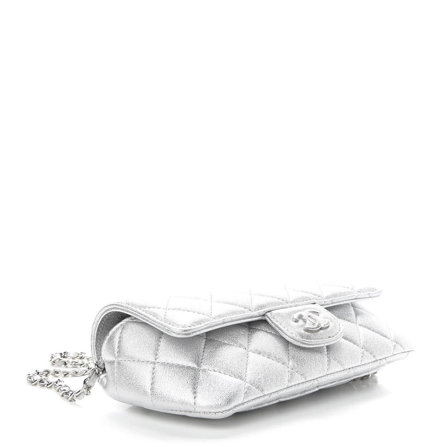 Metallic Lambskin Quilted Glasses Case With Chain Silver