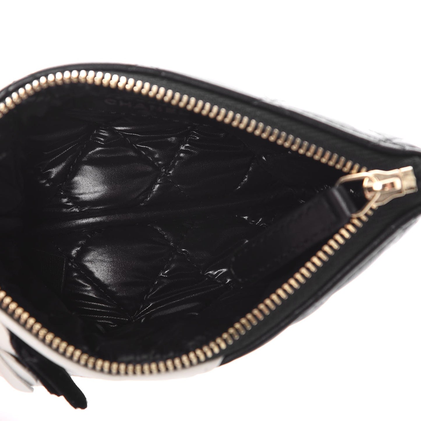 Lambskin Quilted Small Camellia Cosmetic Pouch Black White