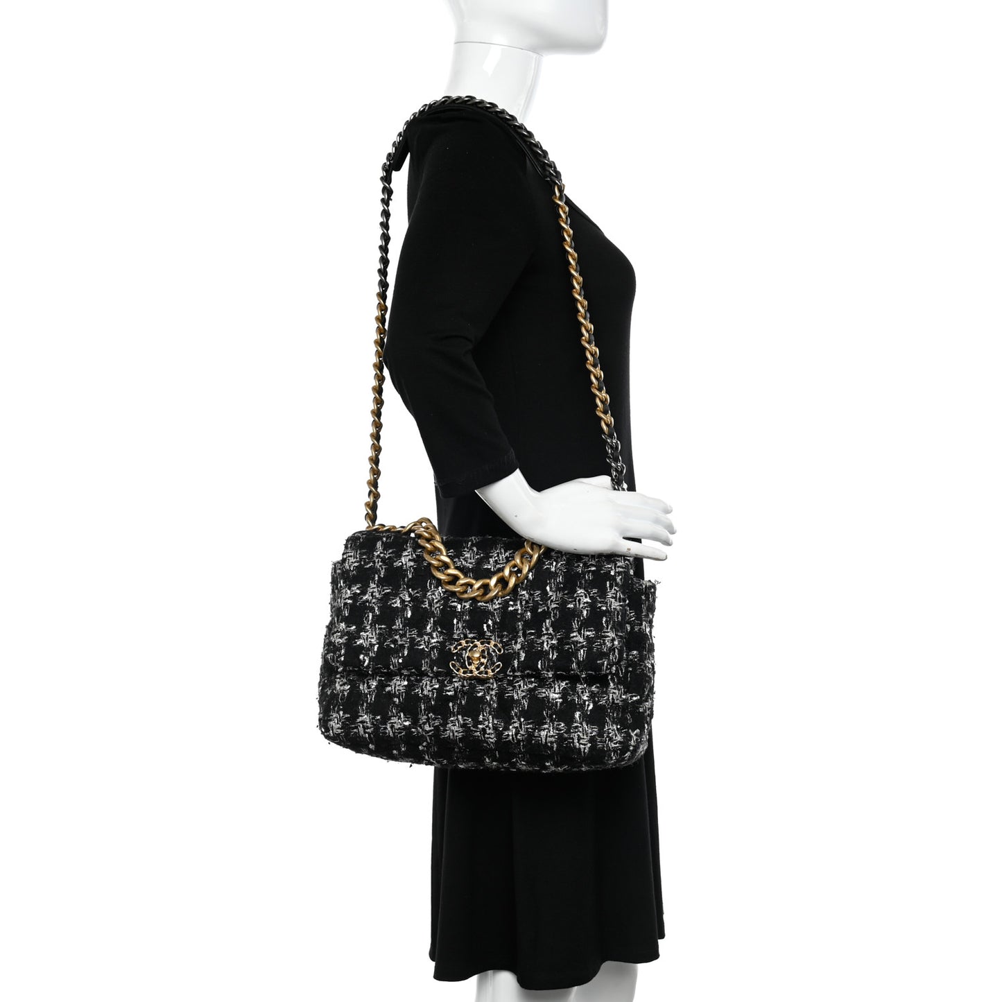 Tweed Quilted Large Chanel 19 Flap Black Silver Ecru