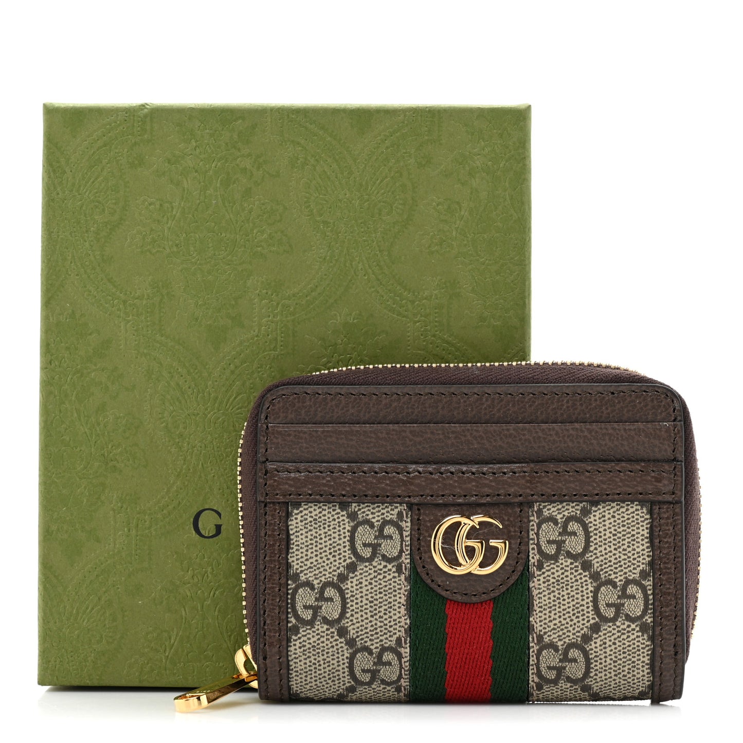 GG Supreme Monogram Textured Dollar Calfskin Web Ophidia Zip Around Card Case Wallet Beige Ebony New Acero