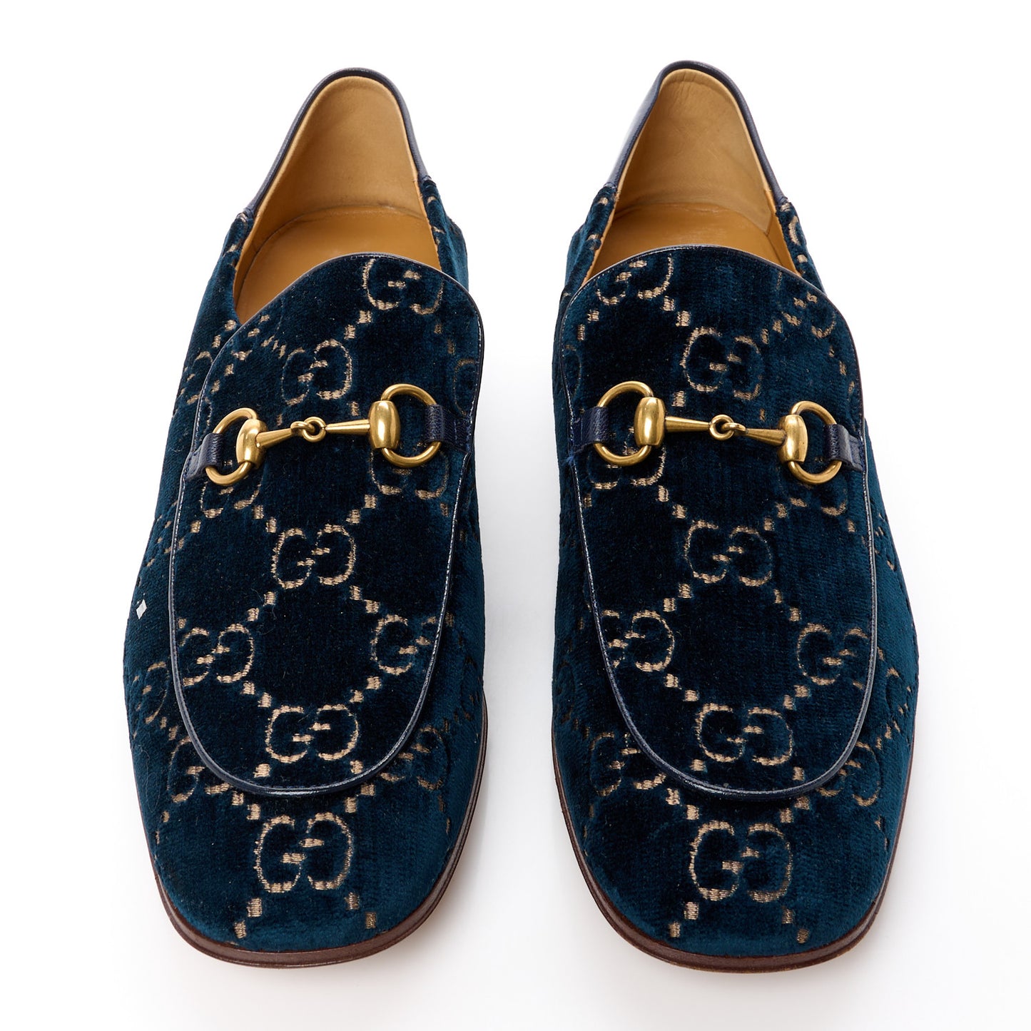 Velvet GG Monogram Goatskin Mens Horsebit Loafers 12 Blue Beige