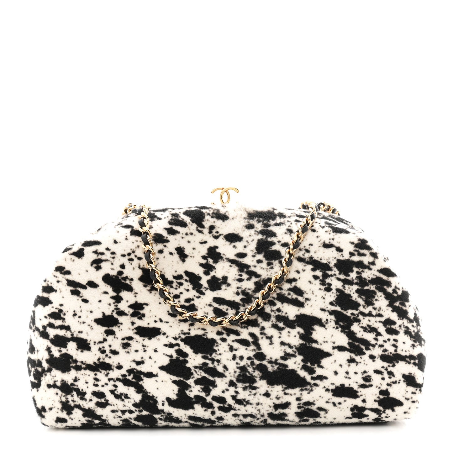 Lambskin Pony Hair Printed Clutch With Chain Black White
