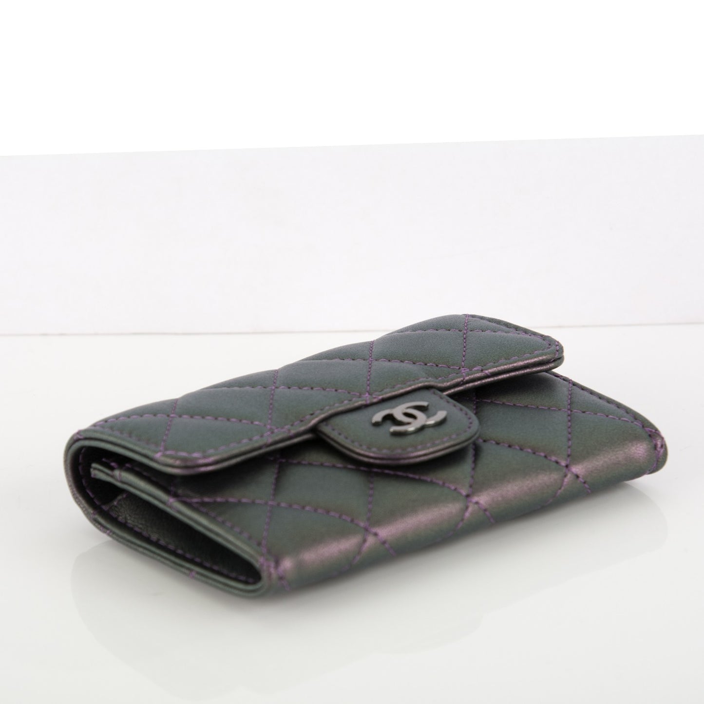 Metallic Lambskin Quilted Card Holder Dark Purple