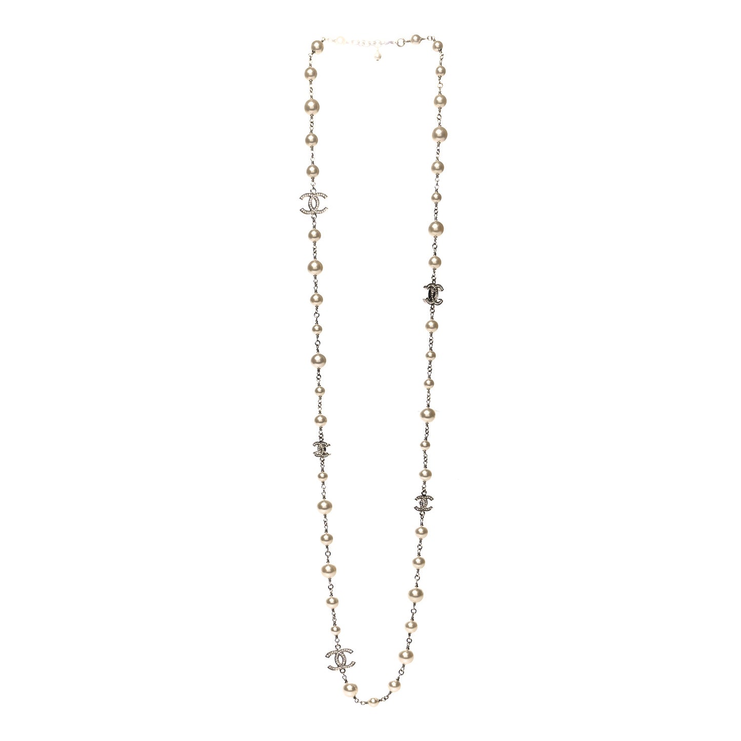 Graduated Pearl Crystal CC Long Necklace Silver
