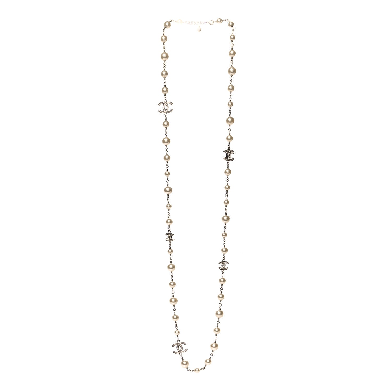 Chanel Graduated Pearl Crystal CC Long Necklace Silver 3 of 5