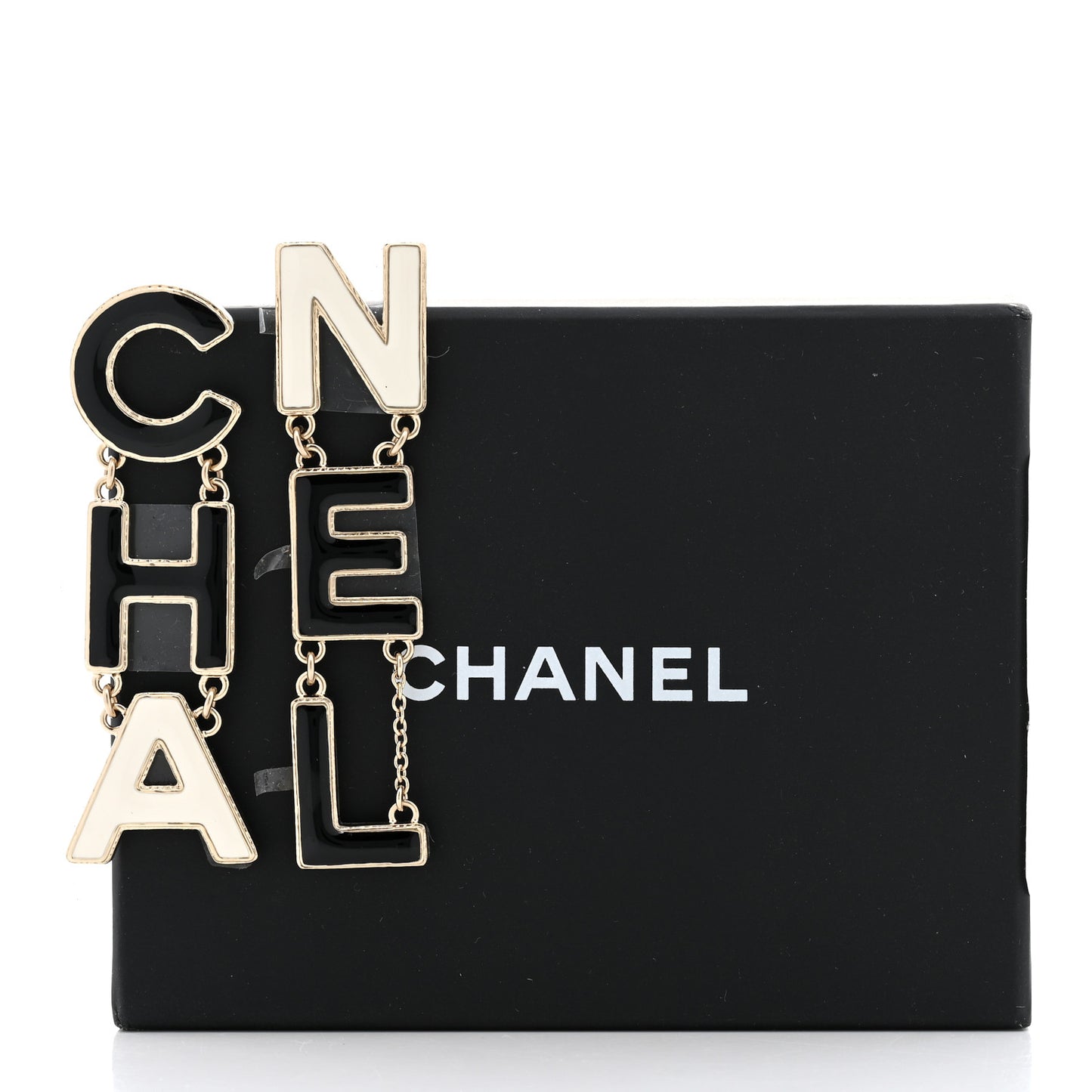 Metal Enamel Cha-Nel Logo Drop Earrings Black White
