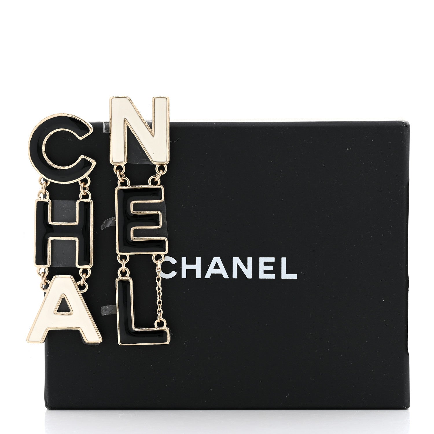 Chanel Metal Enamel Cha-Nel Logo Drop Earrings Black White 5 of 5