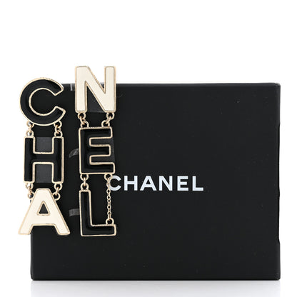 Chanel Metal Enamel Cha-Nel Logo Drop Earrings Black White 5 of 5