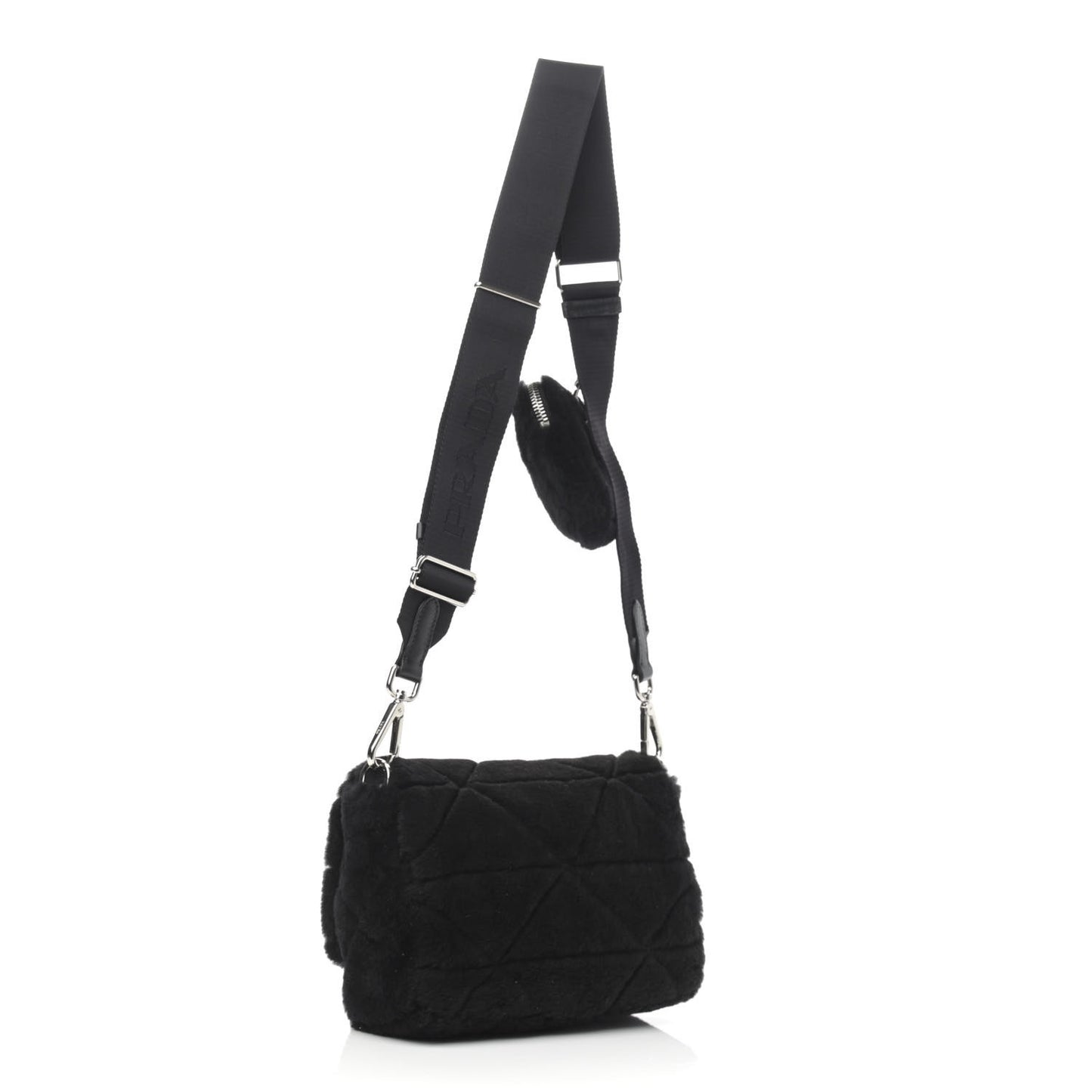 Shearling Nappa Triangle Quilted Patchwork System Flap Shoulder Bag Black