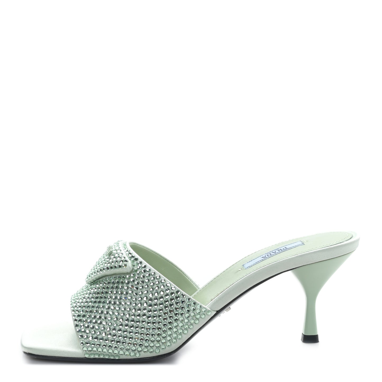 Satin Crystal Logo 65mm Slide Sandals 39 Acqua