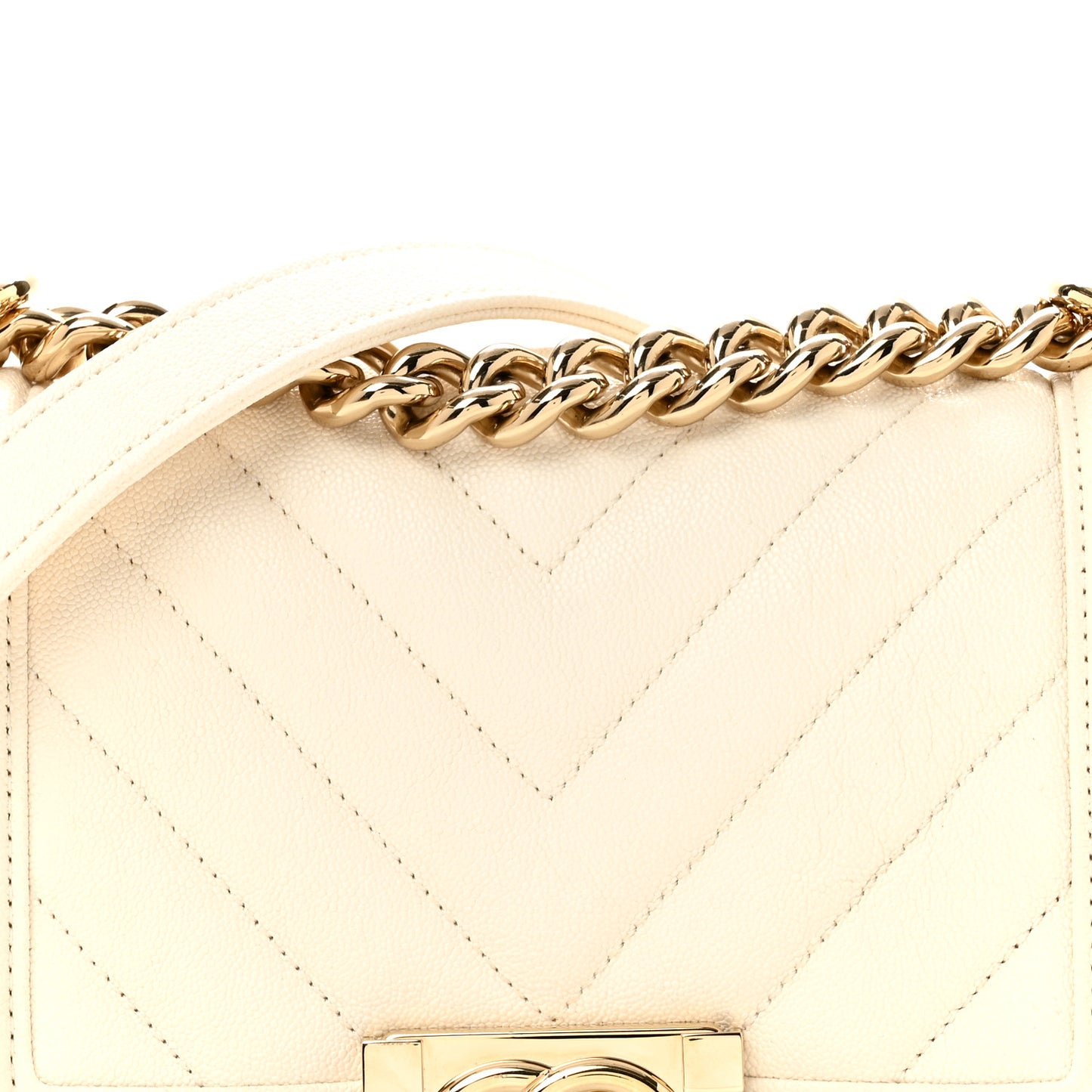 Caviar Chevron Quilted Small Boy Flap White