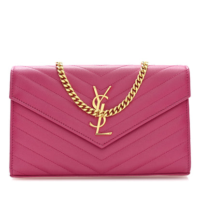 Saint Laurent Grain De Poudre Matelasse Chevron Monogram Chain Wallet Hot Pink 7 of 10