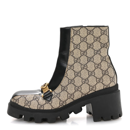 Gucci GG Supreme Monogram Magnum Calfskin Interlocking G Womens Lug Sole Ankle Boots 37 Beige Ebony Black 1 of 8
