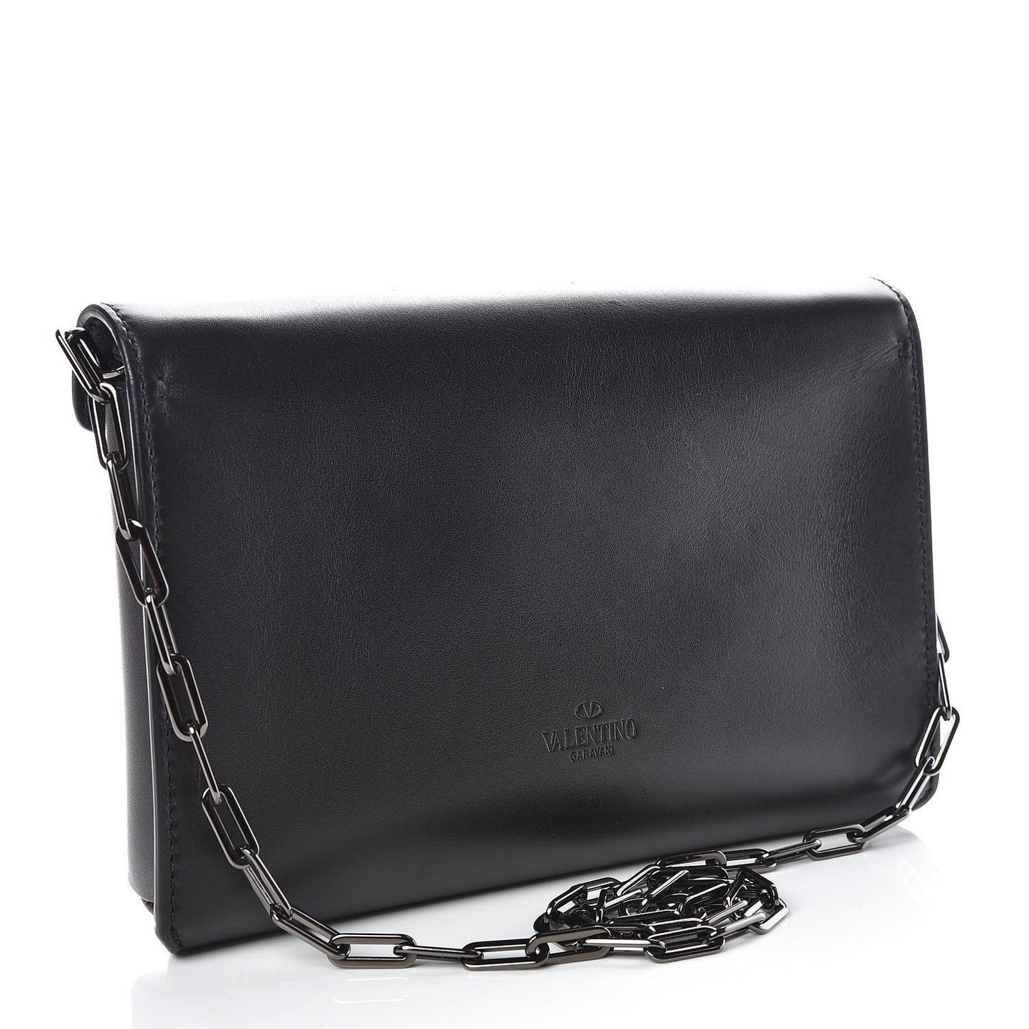 Calfskin V Rivet Chain Clutch Black