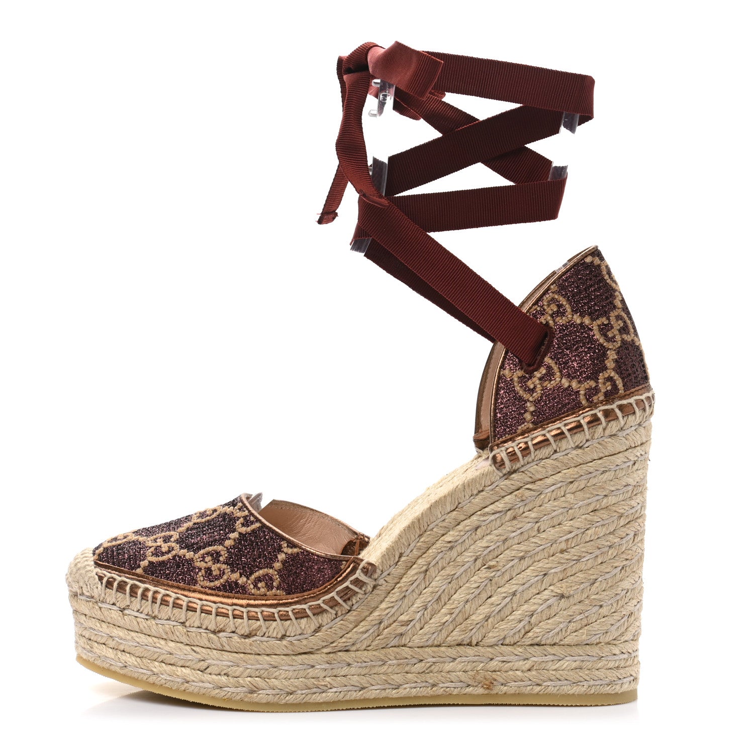 Gucci Lame GG Monogram Ankle Wrap Platform Espadrille Wedges 38 Beige Brown 1 of 10