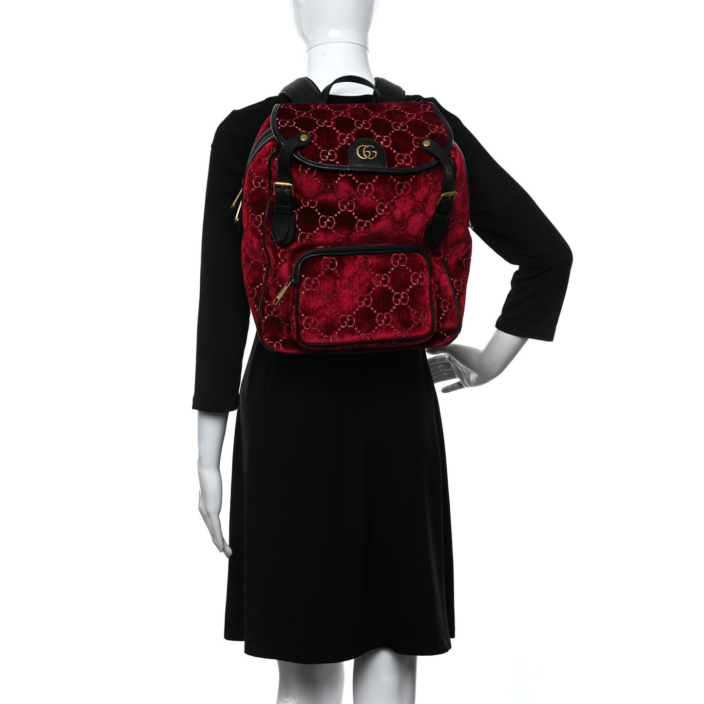 Velvet GG Monogram Textured Calfskin Web Small Double Buckle Backpack Red Cipria Black