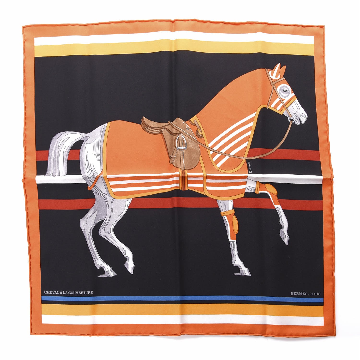 Hermes Silk Cheval A La Couverture Pocket Square Scarf 1 of 4