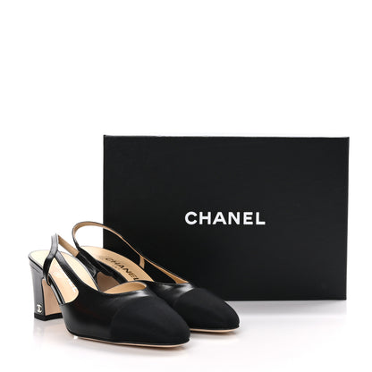 Chanel Goatskin Grosgrain Cap Toe CC Slingback Pumps 37.5 Black 9 of 9