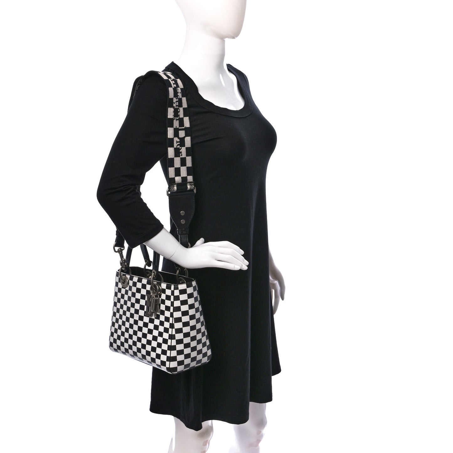 Calfskin Checkered Medium Lady Dior Black White