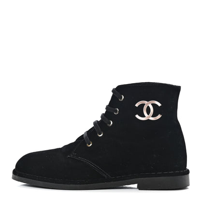Chanel Velvet CC Lace Up Boots 38.5 Black 1 of 8