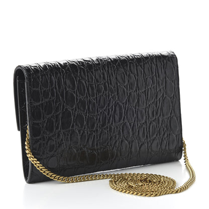 Saint Laurent Calfskin Crocodile Embossed Monogram Uptown Chain Wallet Black 3 of 10