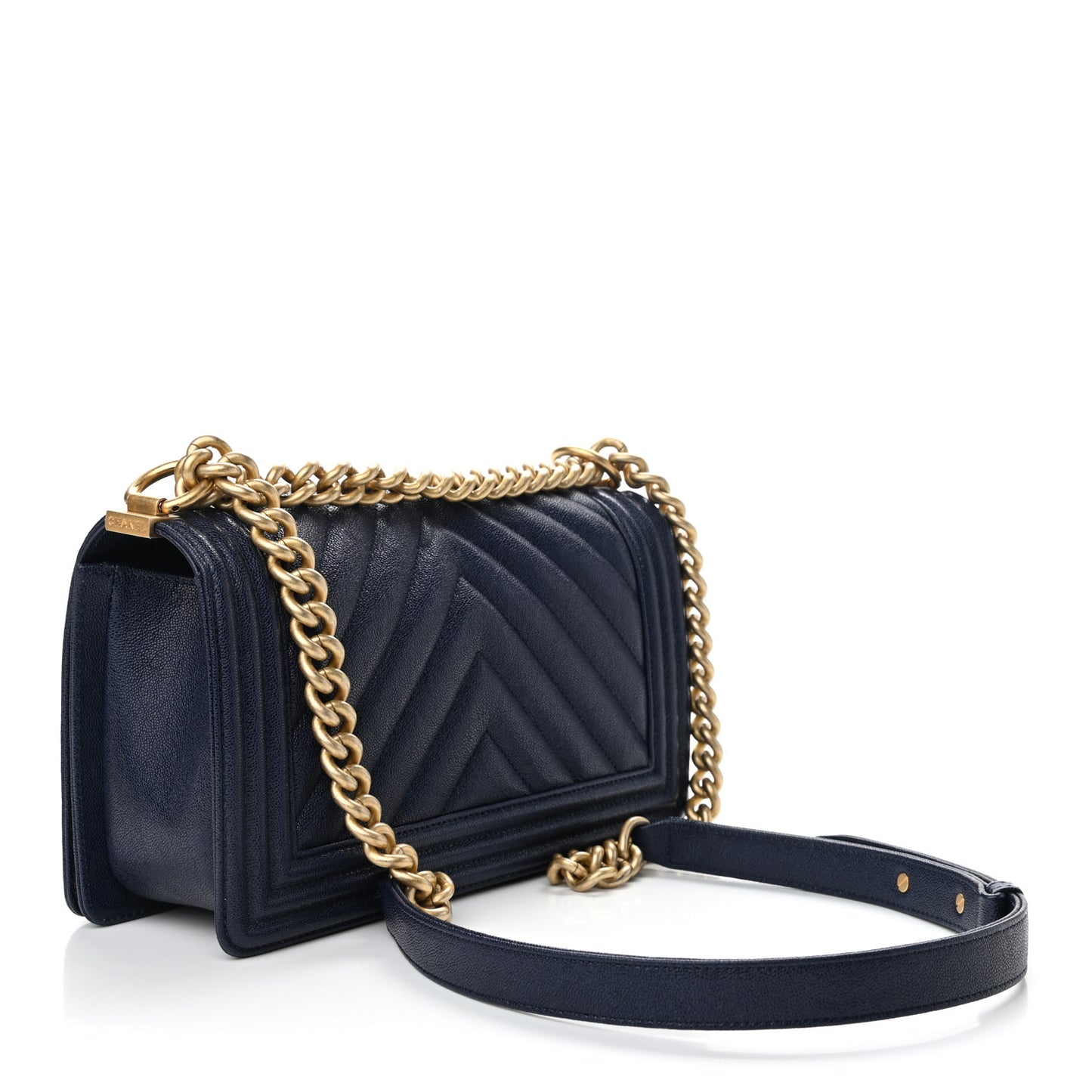 Caviar Chevron Quilted Medium Boy Flap Navy