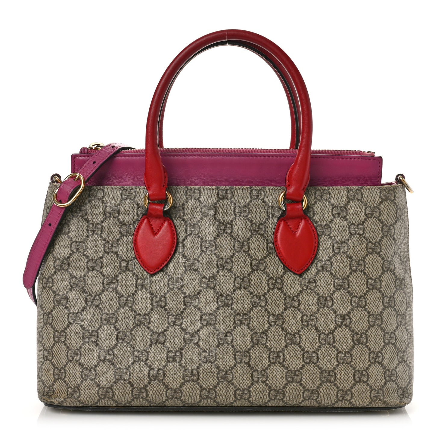 GG Supreme Monogram Moon Calfskin Small Zip Top Tote Beige Ebony Hibiscus Red New Rosette