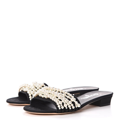 Chanel Felt Pearl Flat Sandals 38 Black 3 of 8