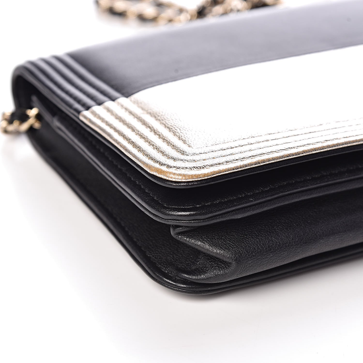 Chanel Metallic Goatskin Lambskin Boy Wallet on Chain WOC Black Gold 12 of 13