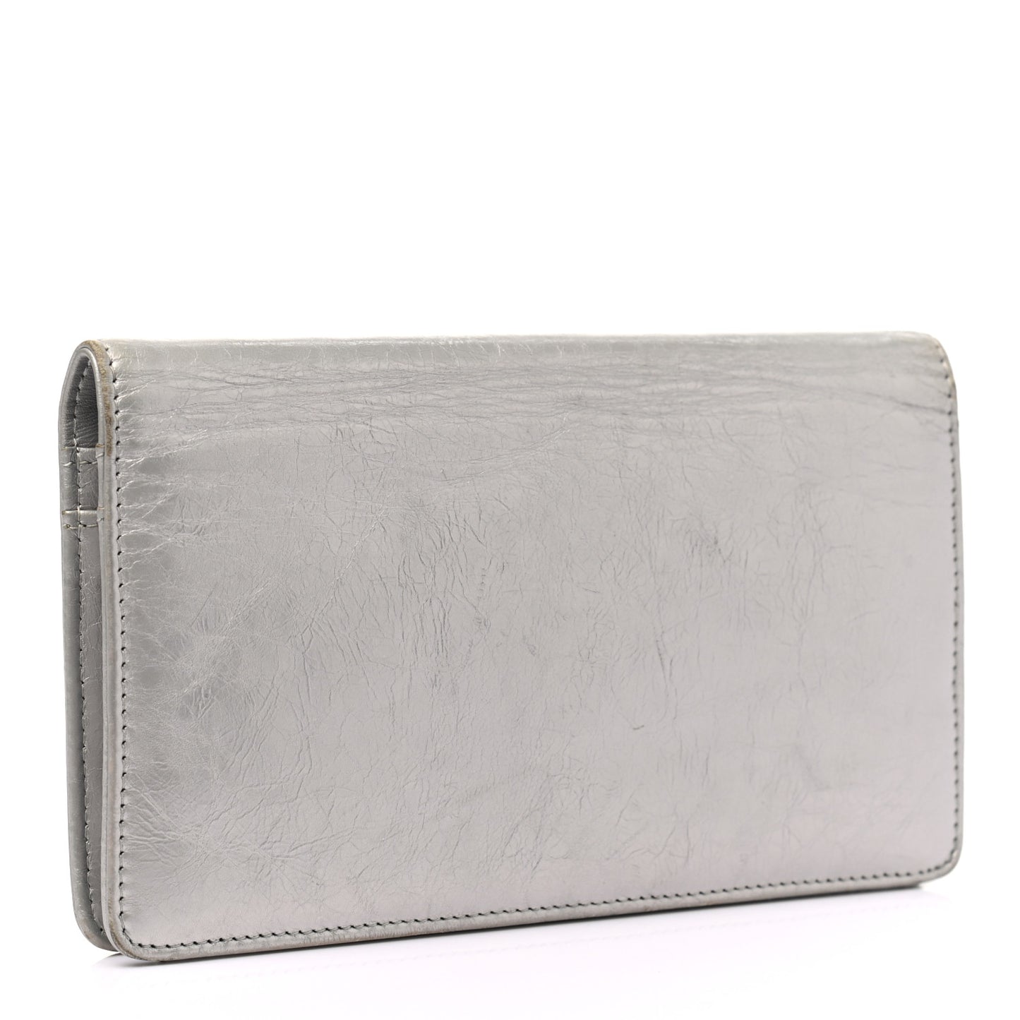 Metallic Aged Calfskin CC Bow Wallet Silver