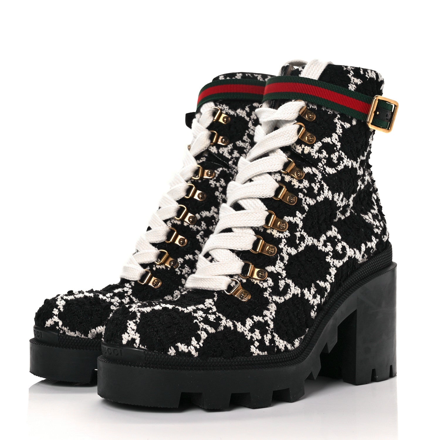Gucci Tweed GG Monogram Lace Up Combat Ankle Boots 40.5 Black 6 of 16