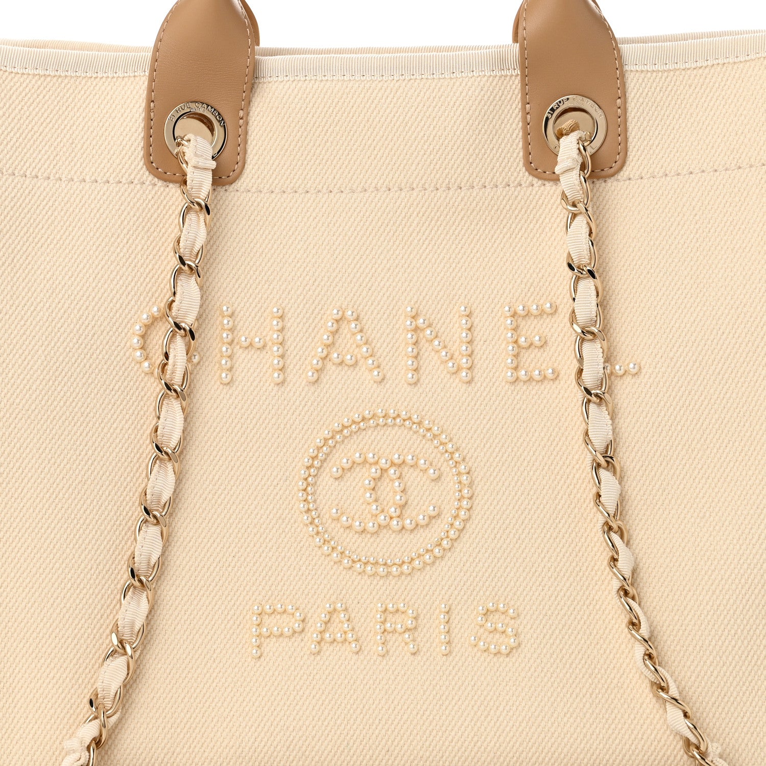 Chanel Canvas Pearl Medium Deauville Tote Ecru Beige 8 of 10